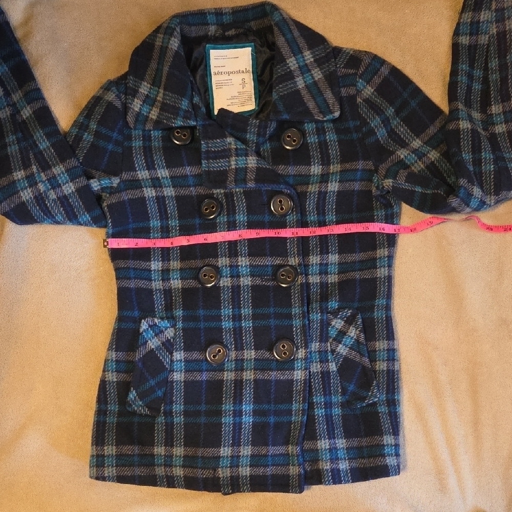 Aeropostale Blue and Black Plaid Peacoat - Picture 4 of 6